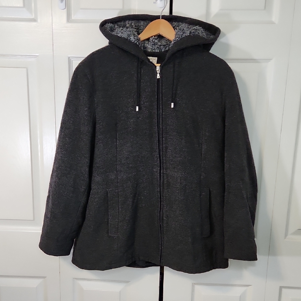 Vintage Covington Womens Gray Wool Blend Pea‎ Coat SZ XL Hooded Full Zip Neutral